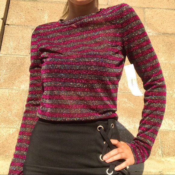 SALE! Twinkle by Wenlan Sparkle top magenta black silver stripes, glittery - Picture 1 of 3